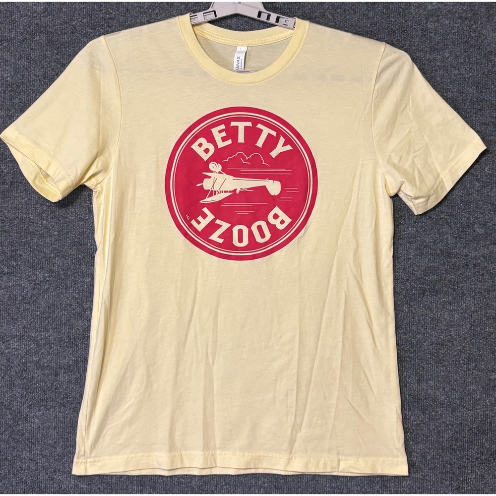 Betty Booze Mens Large T-Shirt Light Yellow Graphic Plane Logo